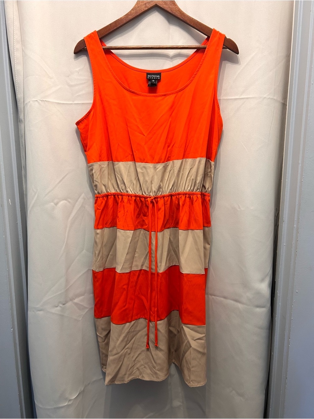 Enfocus Studio Orange and Tan Striped Drawstring Tank Dress